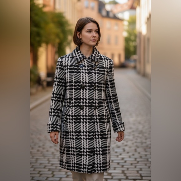 Lands' End Black and White Checkered Houndstooth Toggle Coat Size 14 Wool blend - Picture 2 of 8